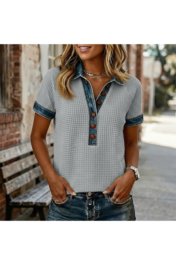 Tops Womens Fashion V Neck Short Sleeve Lapel Neck Casual Shirts Summer Business Button Down Loose Holiday Blouse Gray S