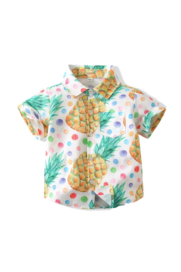 Tops for Boys Pineapple Print Collar Shirts Short Sleeve Yellow Summer Breathable Lightweight Trendy Tops for Boys Size 3-4 Y