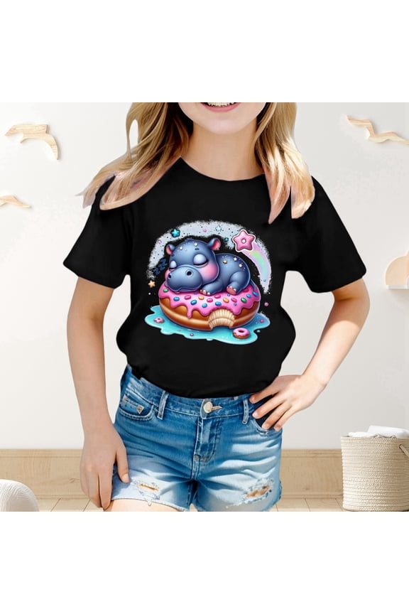 Tops for Girls Hippo Print Shirts Short Sleeve Round Neck Black Summer Loose Breathable Soft Trendy Tops for Girls Size 3-4 Y