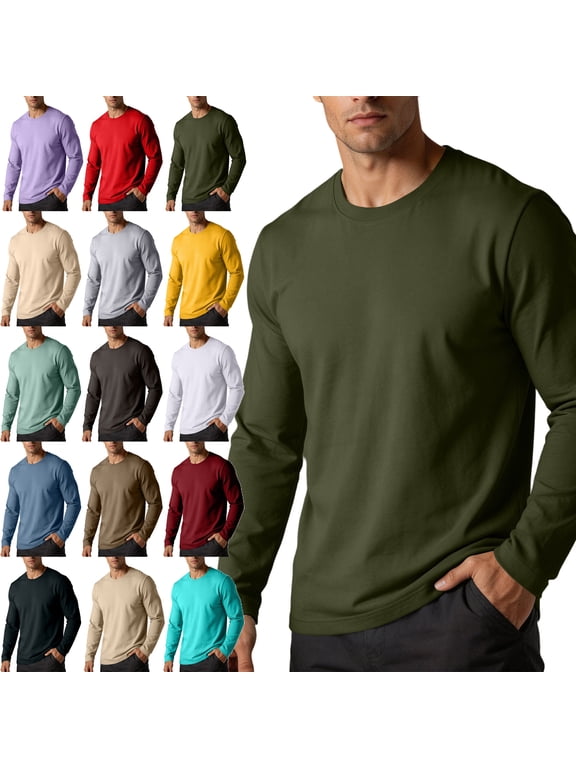 Tops for Men 100% Cotton Round Neck Undershirt Long Sleeved T-shirt