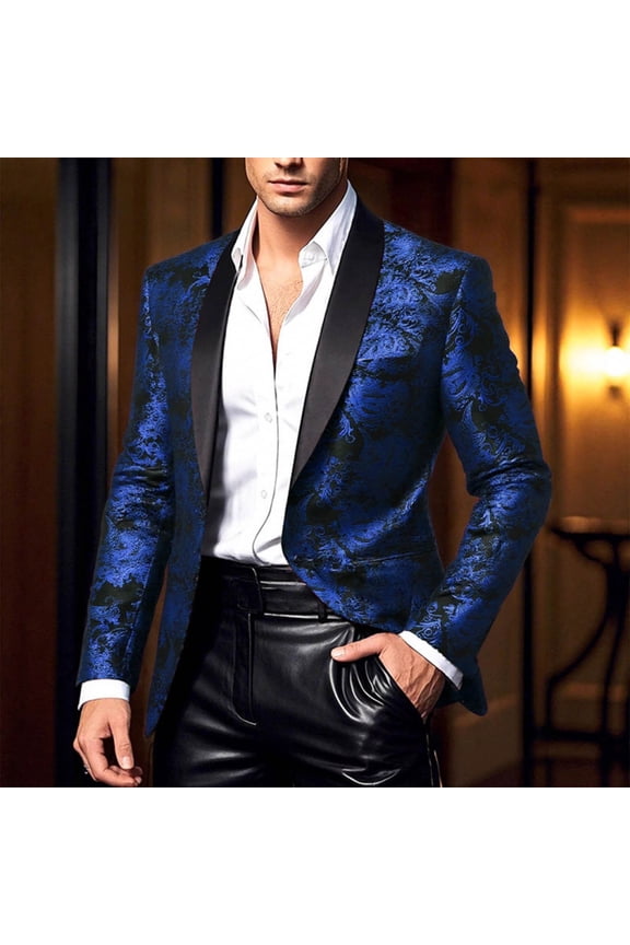 Tops for Men Blazer Button Formal Wedding Dressing Suits Solid Color Casual Suit Jacket Mens Coats Blue L