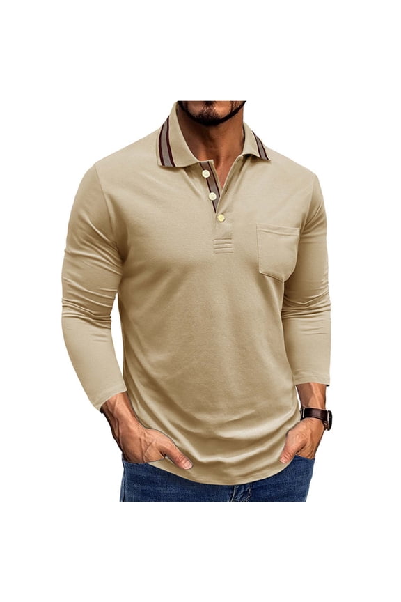 Tops for Men Button Half-cardigan Pocket Flip Collar Casual Long Sleeves Shirt Mens Coats Khaki L
