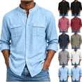 thumbnail image 1 of Tops for Men Cotton Linen Long Sleeve Chest Pocket Button Down Shirt, 1 of 7