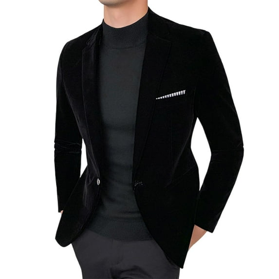 Tops for Men Gold Velvet Suit Blazer Casual Solid Color Button Cardigan Jacket Suit Jacket Mens Coats Black L