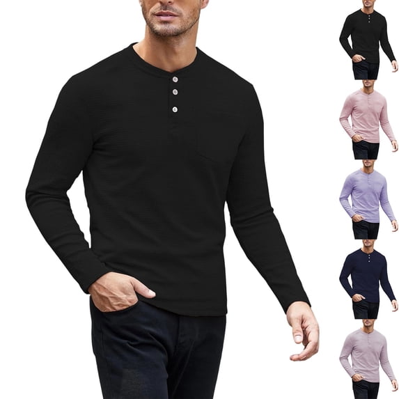 Tops for Men Henrycollar Solid Color Button Round Neck Tops Casual Daily Wear