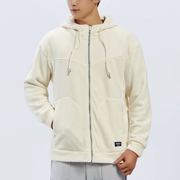 Tops for Men Hooded Zipper Coats Pocket Casual Solid Color Long-Sleeved Jacket Mens Coats Beige L