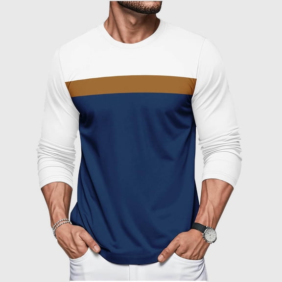 Tops for Men Long Sleeve Color Block Solid-Color Round Neck Casual Blouse Shirt Top,Mens Blouse Blue XL