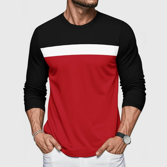 Tops for Men Long Sleeve Color Block Solid-Color Round Neck Casual Blouse Shirt Top,Mens Blouse Red XL