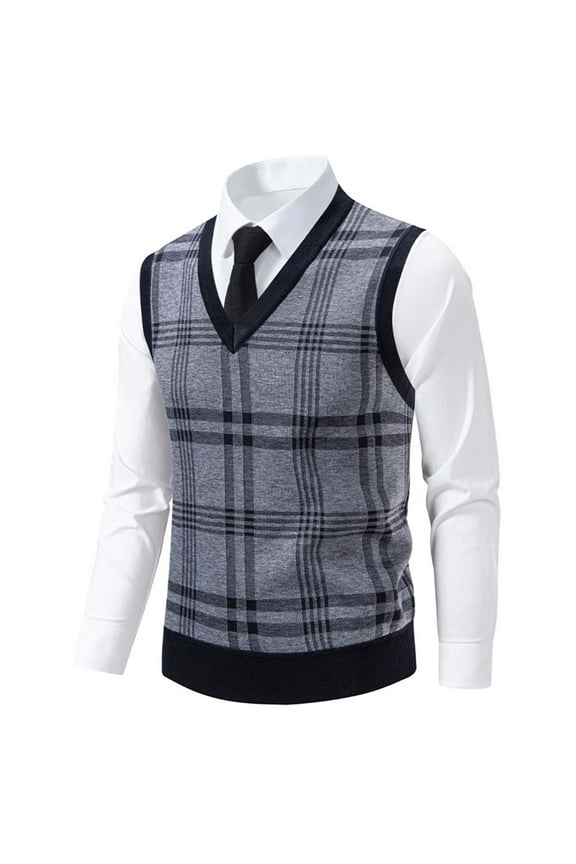 Tops for Men,Mens Shirt Plus Size Sleeveless Plaid British Style V-Neck Elastic Winter Padded Knit Sweater Tank Gray L