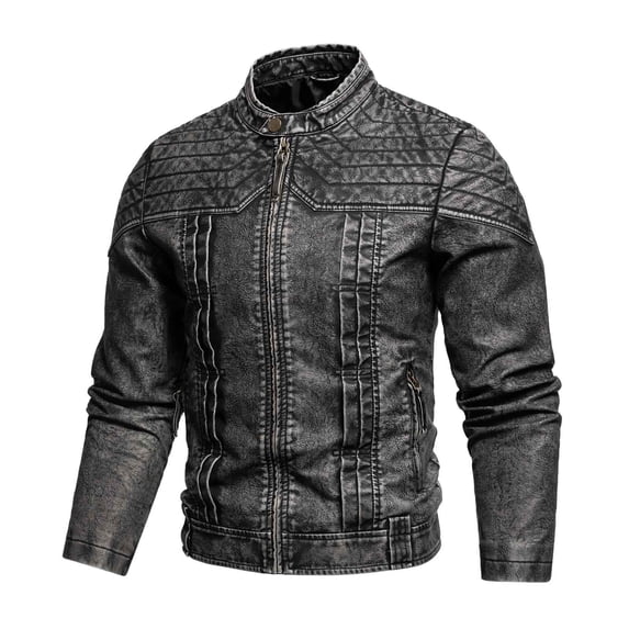 Tops for Men Motorcycle Jacket Zipper Leather Stand-up Collar Casual Solid Winter Jacket Mens Coats Black L