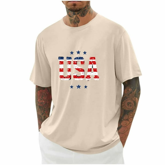 Tops for Men Plus Size Short Sleeve Independence Day Round-Neck Print Casual Blouses Beige XXXXXL