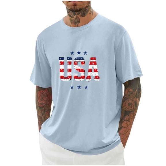 Tops for Men Plus Size Short Sleeve Independence Day Round-Neck Print Casual Blouses Light Blue XXXXXL