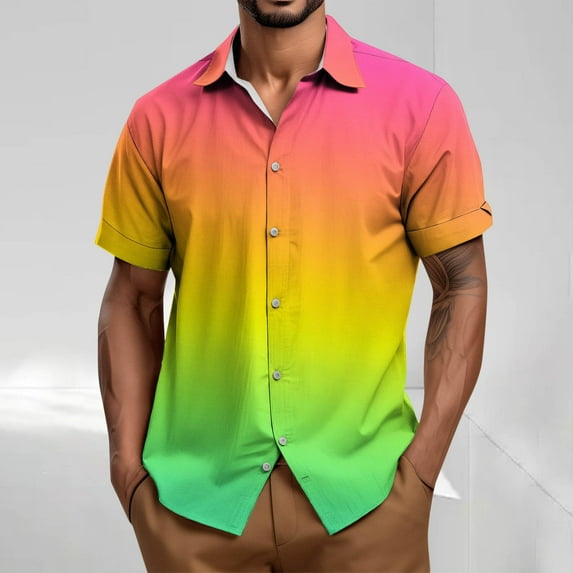 Tops for Men Plus Size Short Sleeve Stripe Turdown Collar Button Up Casual Summer Shirt Multicolor XXXXL