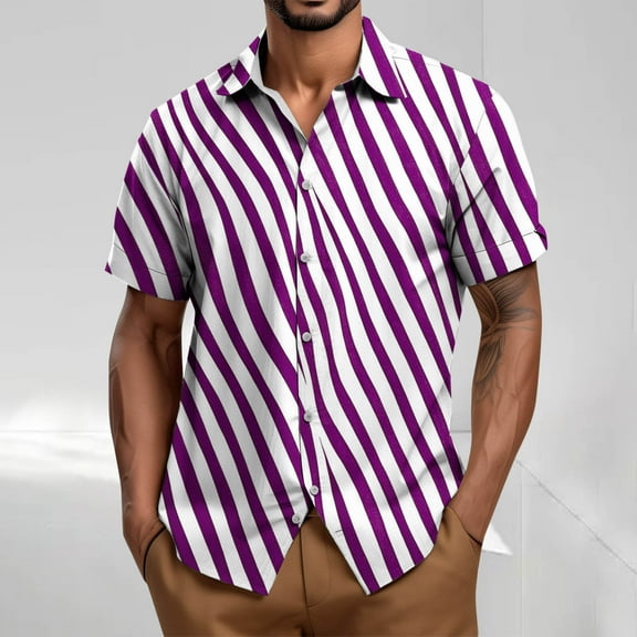 Tops for Men Plus Size Short Sleeve Stripe Turdown Collar Button Up Casual Summer Shirt Purple XXXXL