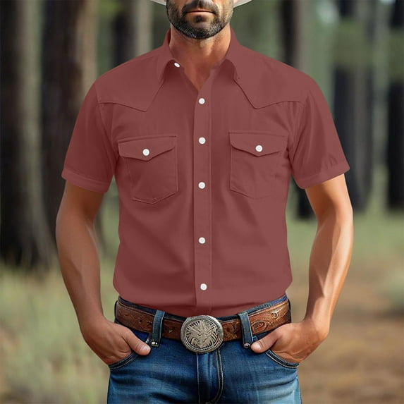 Tops for Men Plus Size Short Sleeve Turndown Collar Pocket Solid Color Casual Blouse Wine XXXXXL