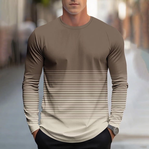 Tops for Men Striped Print Sports Long Sleeves Casual Round-Neck Blouses Shirts,Mens Blouse 1-Brown XXXL