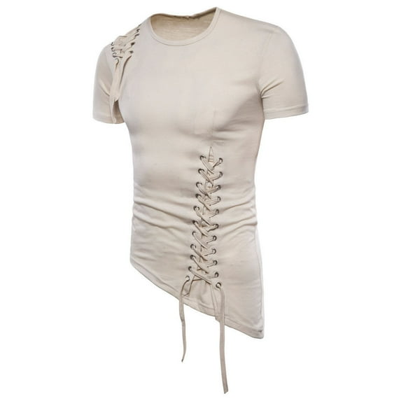 Tops for Men Tshirt Short Sleeve Slim Fit Asymmetrical Vintage Drawstring Lace Up Shirts
