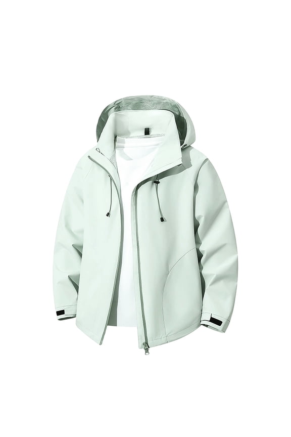 Tops for Men Windproof Hooded Jacket Waterproof Hooded Long Sleeved Stormcoat Mountaineering Solid Color Casual Coats Mens Coats Green L