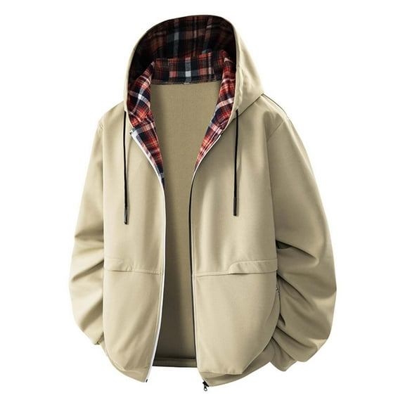 Tops for Men Zipper Plaid Coats Splicing Long Sleeved Cardigan Hooded Jacket Mens Coats Khaki L