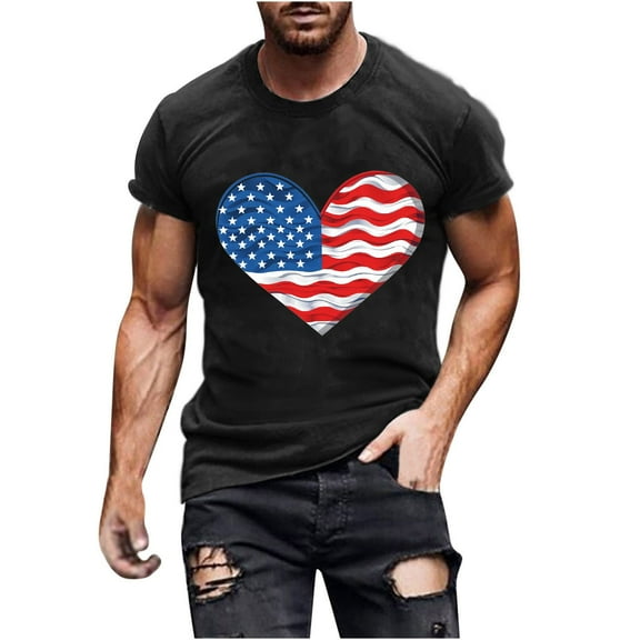 Tops for Men under $5 Independence Day Short Sleeved Printed T-shirt Black S