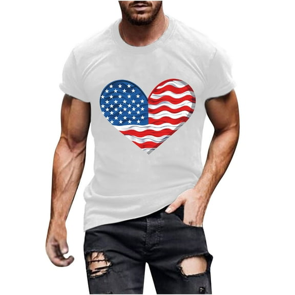 Tops for Men under $5 Independence Day Short Sleeved Printed T-shirt White S
