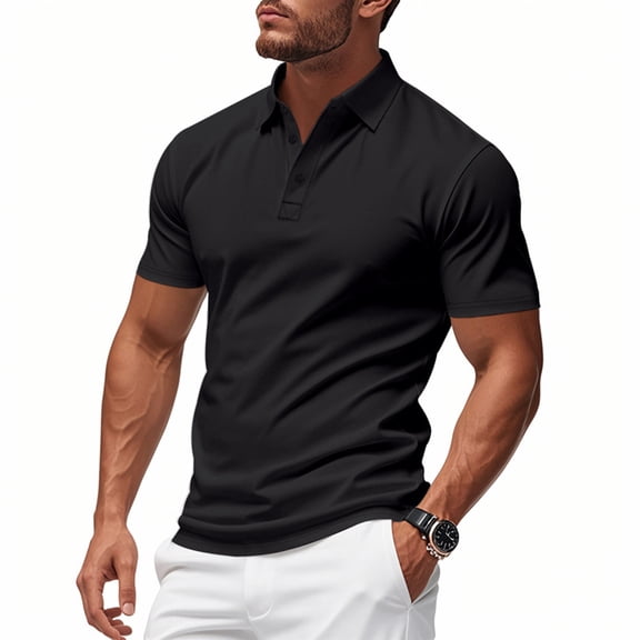 Tops for Men under $5 Short Sleeve Button Lapel Golf Ball Uniform Casual T-Shirt Summer Collared Golf Shirt Black S