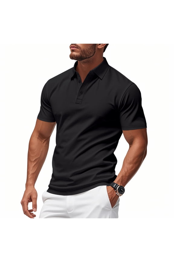 Tops for Men under $5 Short Sleeve Button Lapel Golf Ball Uniform Casual T-Shirt Summer Collared Golf Shirt Black S