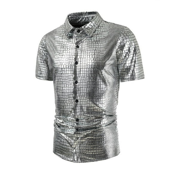 Tops for Men under $5 Short Sleeve Button Sequin Turndown Collar Nightclub Casual Top Silver S