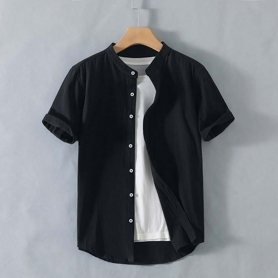 Tops for Men under $5 Short Sleeve Cotton Linen Stand Collar Button Down Shirts Blouse Jacket Black XXXXL