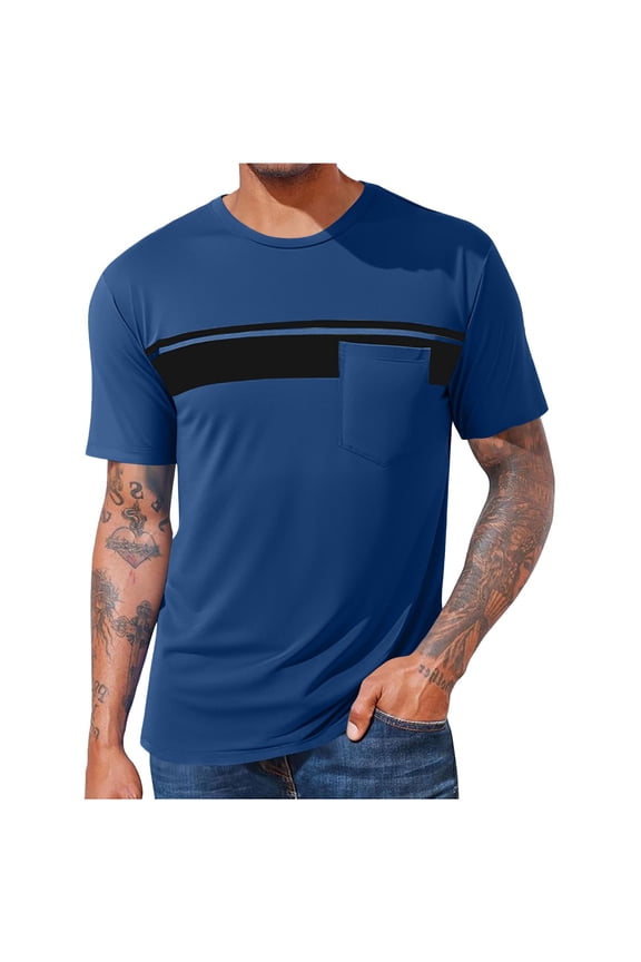 Tops for Men under $5 Short Sleeve Crew Neck Pocket Cotton T-Shirts Casual Basic Tee Pullover Tops Solid Basic Tee Dark Blue XXXXL