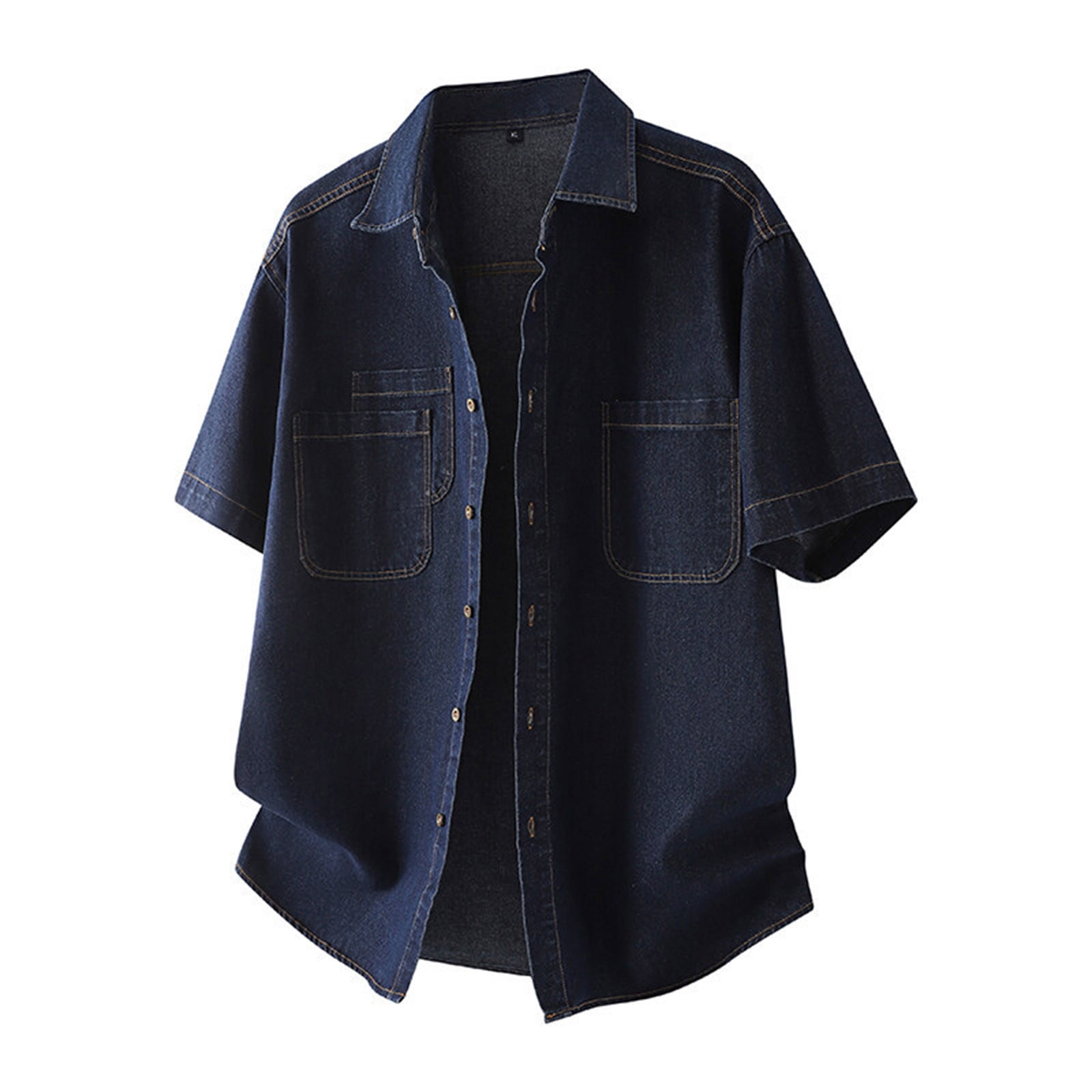 TUNEVUSE Men's Short Sleeve Denim Shirt - Western Print Button Down, Casual Work Shirt, Blue, X-Large