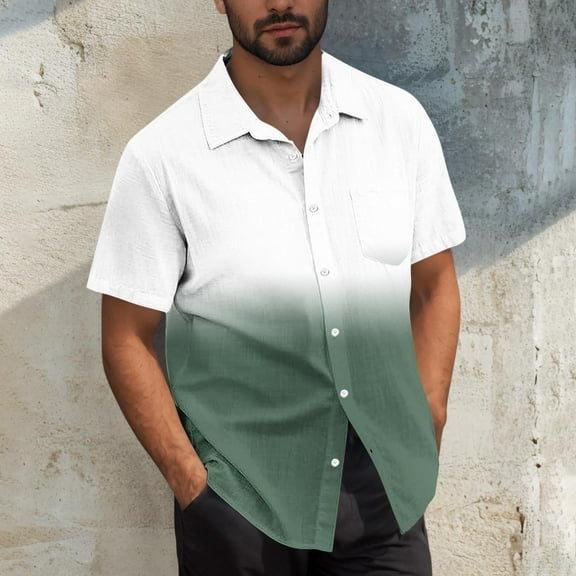 Tops for Men under $5 Short Sleeve Gradient Button Turndown Collar Printing Casual Shirt Blouse Army Green XXXXXL