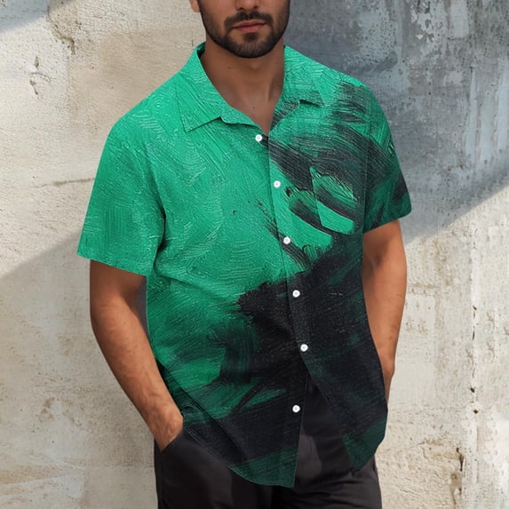 Tops for Men under $5 Short Sleeve Gradient Button Turndown Collar Printing Casual Shirt Blouse Green XXXXL