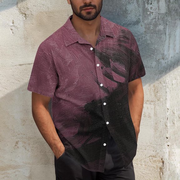 Tops for Men under $5 Short Sleeve Gradient Button Turndown Collar Printing Casual Shirt Blouse Hot Pink S