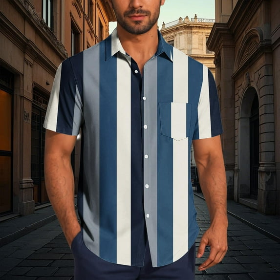 Tops for Men under $5 Short Sleeve Lapel Button Stripe Color Block Printing Casual Turndown Collar Shirt Blouse Sky Blue M