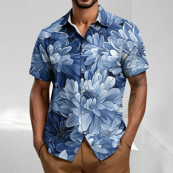 Tops for Men under $5 Short Sleeve Lapel Button Up Casual Bowling Summer Shirt Navy M