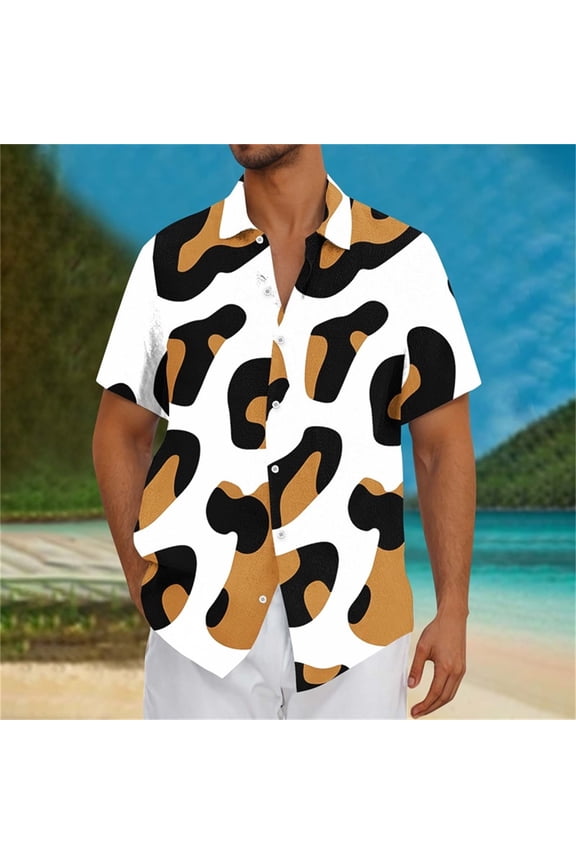 Tops for Men under $5 Short Sleeve Lapel Collar Button-Up Leopard Print Shirt Lightweight Casual Wear White XL