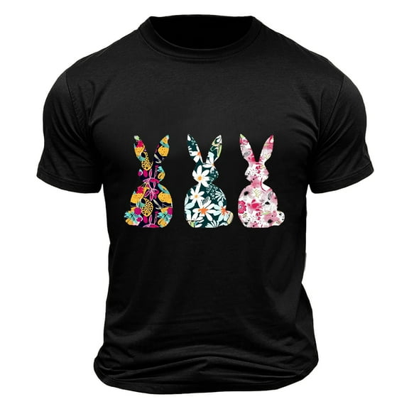 Tops for Men under $5 Short Sleeve Round Neck Easter Eggs Rabbit Print Shirt Black L