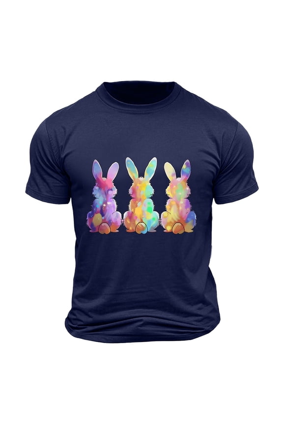 Tops for Men under $5 Short Sleeve Round Neck Easter Eggs Rabbit Print Shirt Navy XL