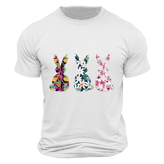 Tops for Men under $5 Short Sleeve Round Neck Easter Eggs Rabbit Print Shirt White L