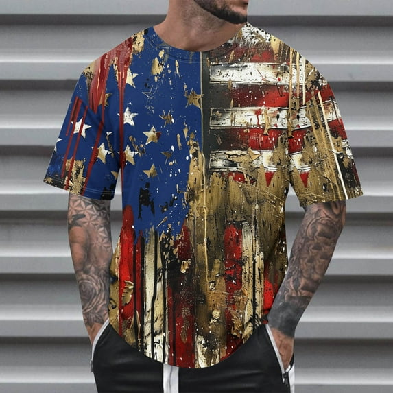 Tops for Men under $5 Short Sleeve Round Neck Independence Day Printed Summer Casual T-shirt Multicolor M