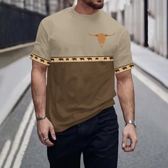 Tops for Men under $5 Short Sleeve Round-Neck Print Round Neck Casual Shirts Bronze XL