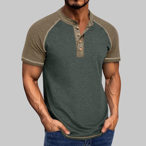 Tops for Men under $5 Short Sleeve Round Neck Solid Color Buttons Outdoors Breathable Collar Blouse Army Green S