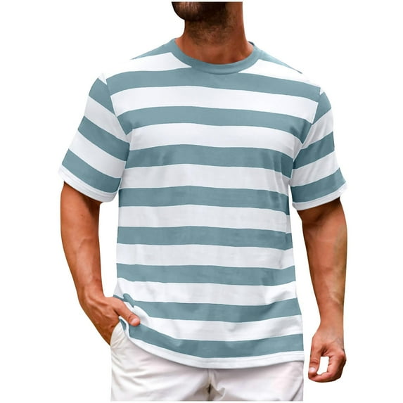 Tops for Men under $5 Short Sleeve Round-Neck Stripe Casual Basic Pullover Tops Solid Basic Tee Blue XXXXL