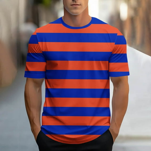 Tops for Men under $5 Short Sleeve Round-Neck Stripe Print Sports Casual T-shirt Orange M