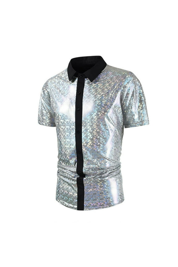 Tops for Men under $5 Short Sleeve Sequin Shirt Shiny Trendy Performance Costume Turn Down Collar Shirt Silver S
