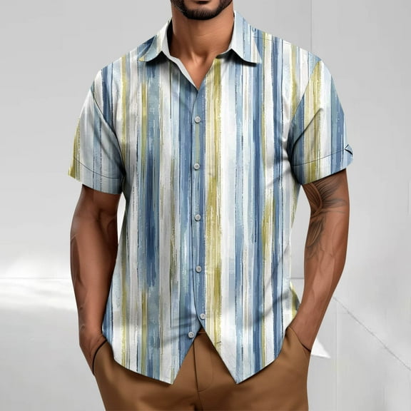 Tops for Men under $5 Short Sleeve Stripe Turdown Collar Button Up Casual Summer Shirt Light Blue M