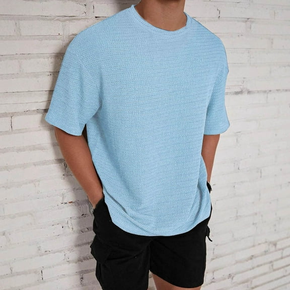 Tops for Men under $5 Short Sleeve Turndown Collar Button Breathable Solid Color Casual Loose Shirt Light Blue M