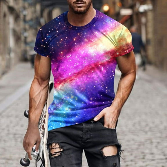 Tops for Men under $5 Short Sleeved Galaxy Printed Round Neck T-shirt Multicolor L
