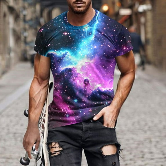 Tops for Men under $5 Short Sleeved Galaxy Printed Round Neck T-shirt Multicolor L
